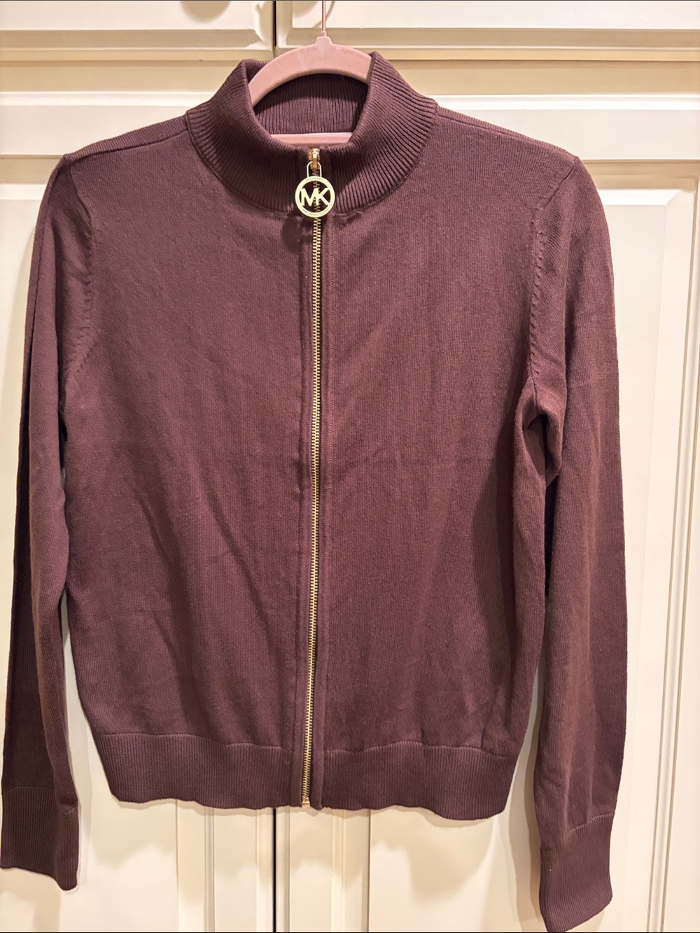 Michael Kors Dusty Mauve Zip Cardigan with Gold MK Pull
